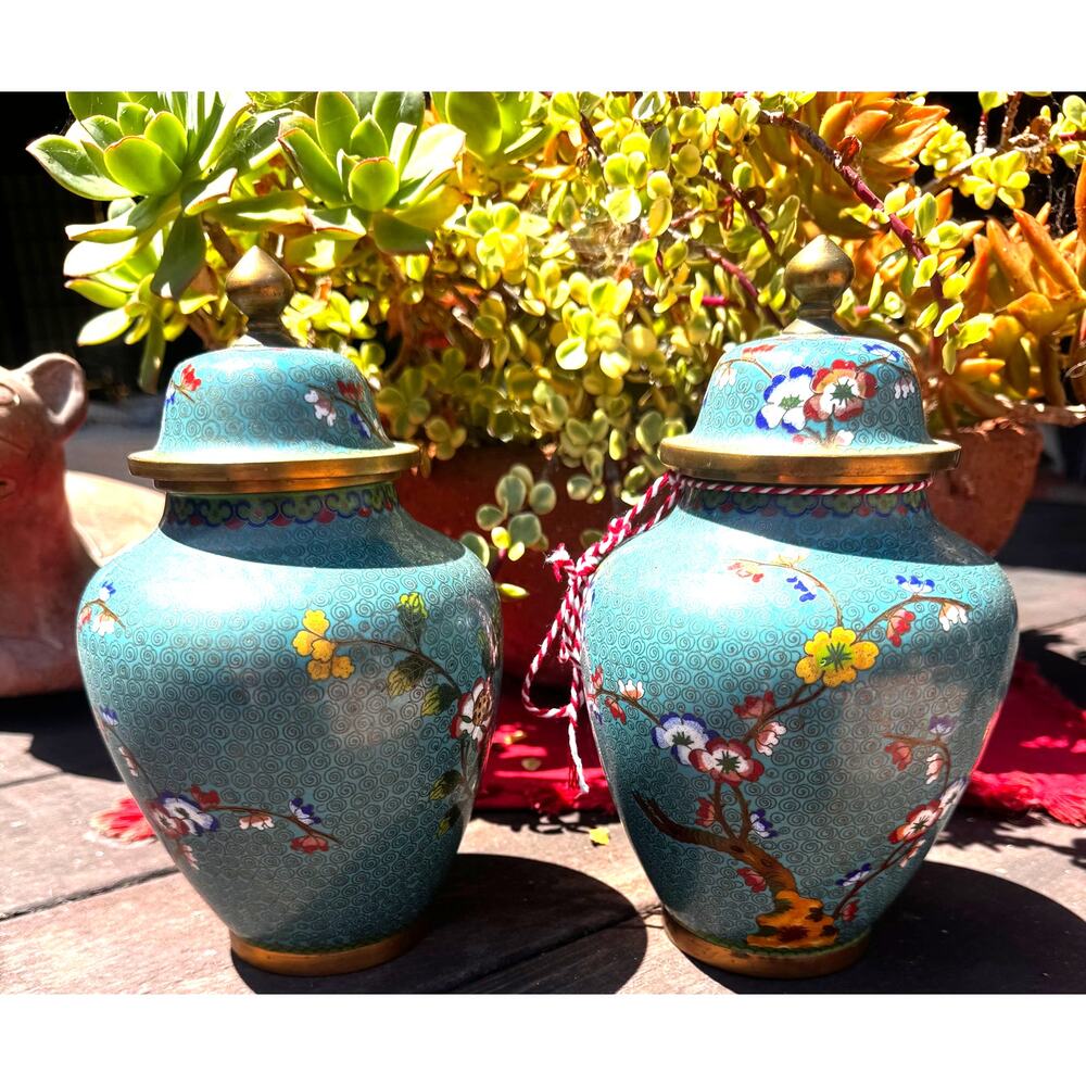 Vintage Chinese Cloisonne Ginger Jars Pair -Turquoise Floral Lidded Urns Amazing